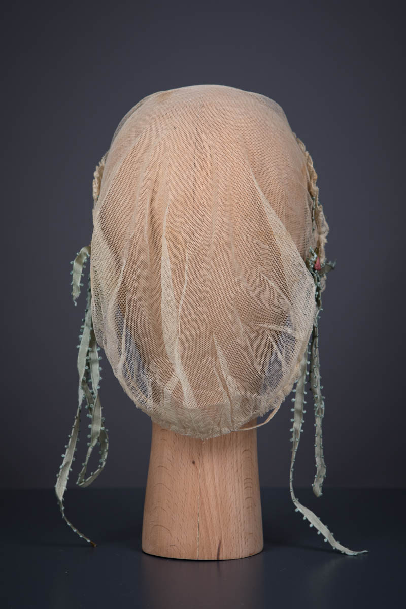 Cotton Tulle Boudoir Cap With Machine Lace & Picot Edge Ribbon Trims, c. 1920s. The Underpinnings Museum. Photography by Tigz Rice