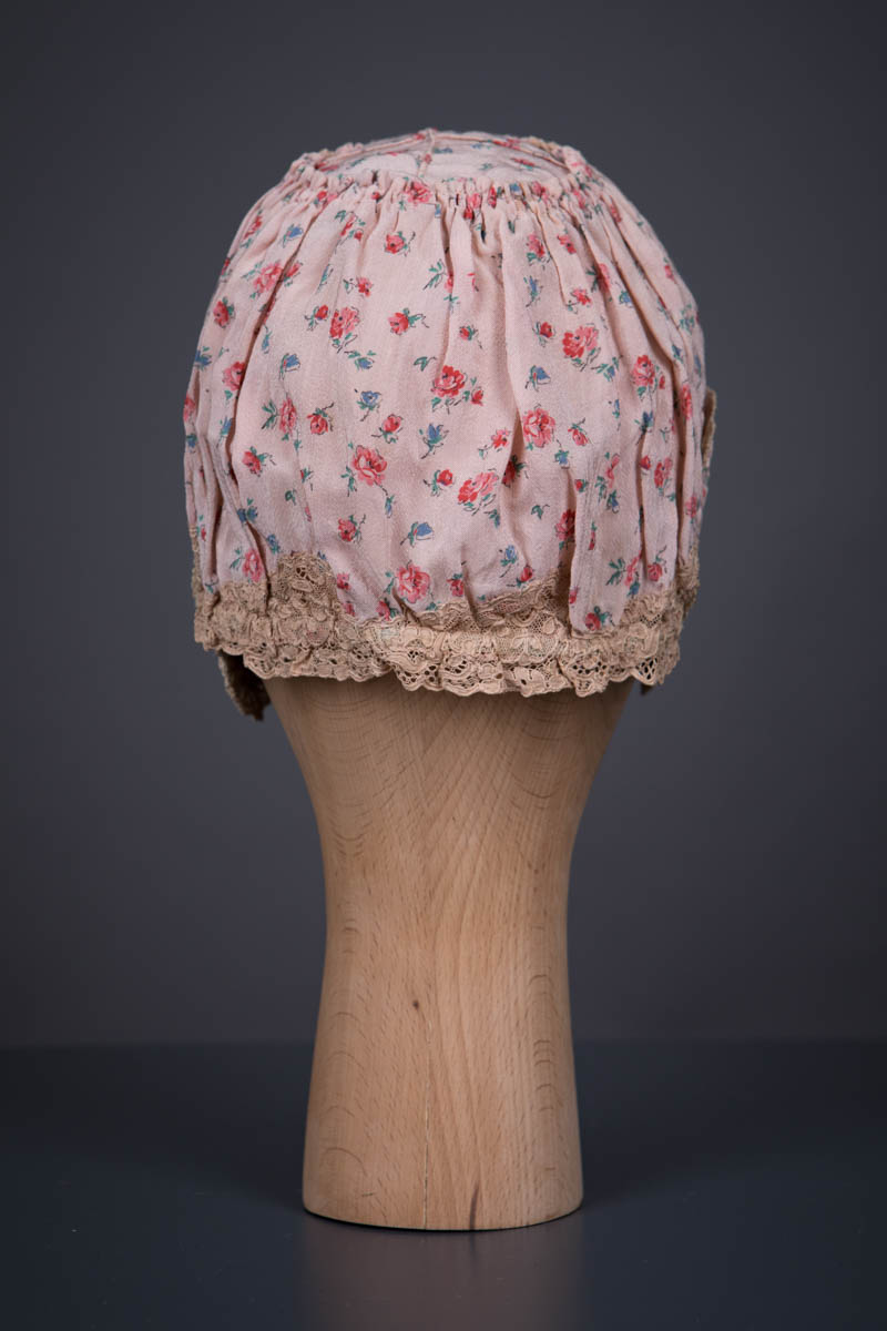 Floral Printed Rayon Boudoir Cap With Machine Lace & Pin Tucks, c. 1920s. The Underpinnings Museum. Photography by Tigz Rice.