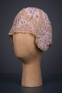 Floral Printed Rayon Boudoir Cap With Machine Lace & Pin Tucks, c. 1920s. The Underpinnings Museum. Photography by Tigz Rice.