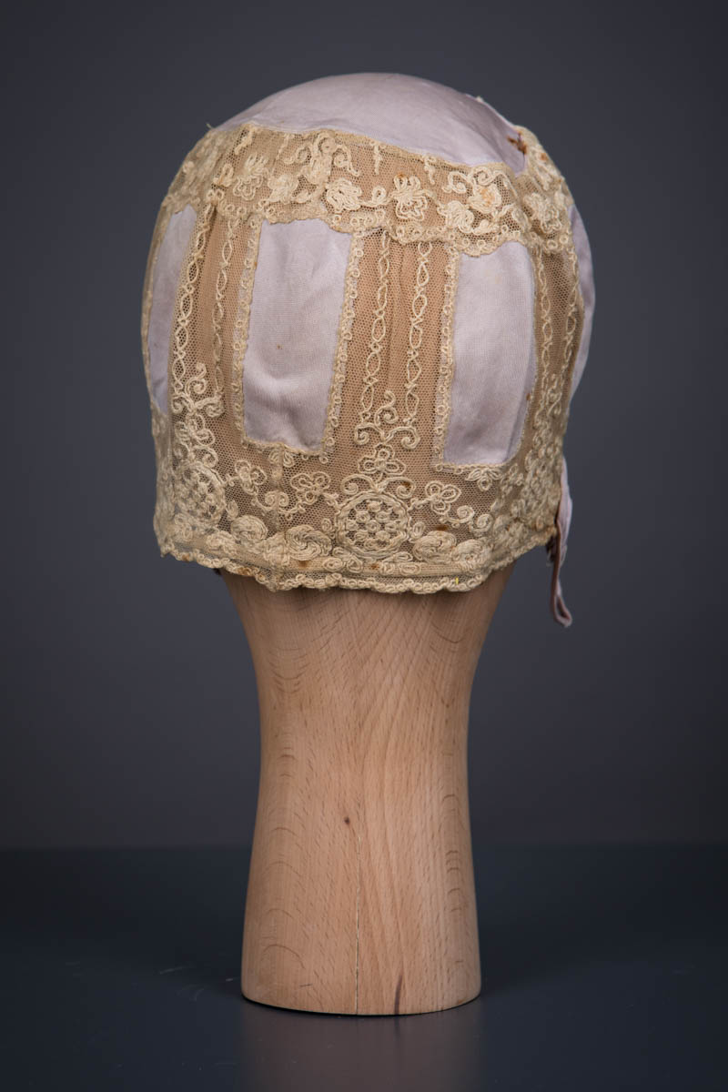 Lilac Rayon Knit & Schiffli Embroidered Tulle Boudoir Cap, c. 1920s. The Underpinnings Museum. Photography by Tigz Rice.