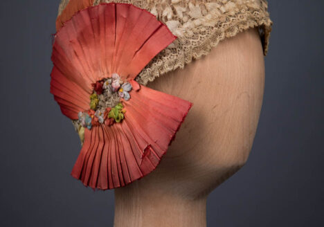 Chemical Lace & Orange Silk Ribbon Boudoir Cap, c. 1920s, Custom Made, USA . The Underpinnings Museum. Photography by Tigz Rice.