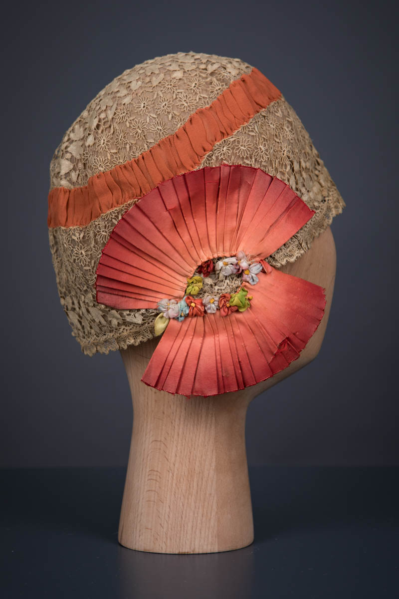 Chemical Lace & Orange Silk Ribbon Boudoir Cap, c. 1920s, Custom Made, USA . The Underpinnings Museum. Photography by Tigz Rice.
