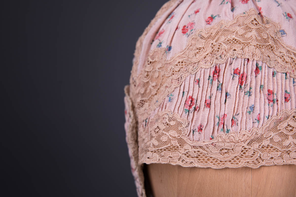 Floral Printed Rayon Boudoir Cap With Machine Lace & Pin Tucks, c. 1920s. The Underpinnings Museum. Photography by Tigz Rice.