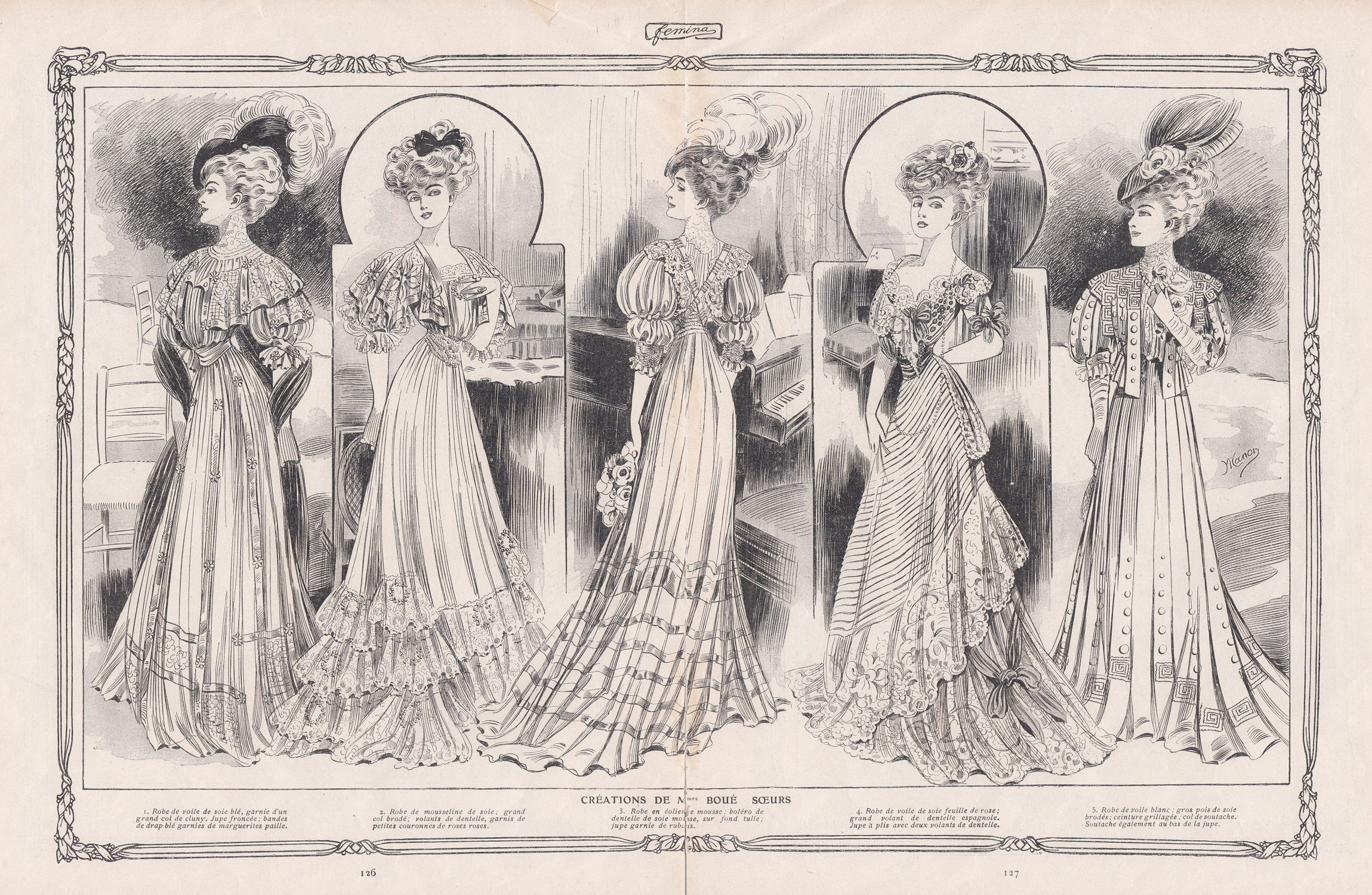 Illustrations Of Boué Soeurs Designs From Femina Magazine, c. 1905, France. The Underpinnings Museum.