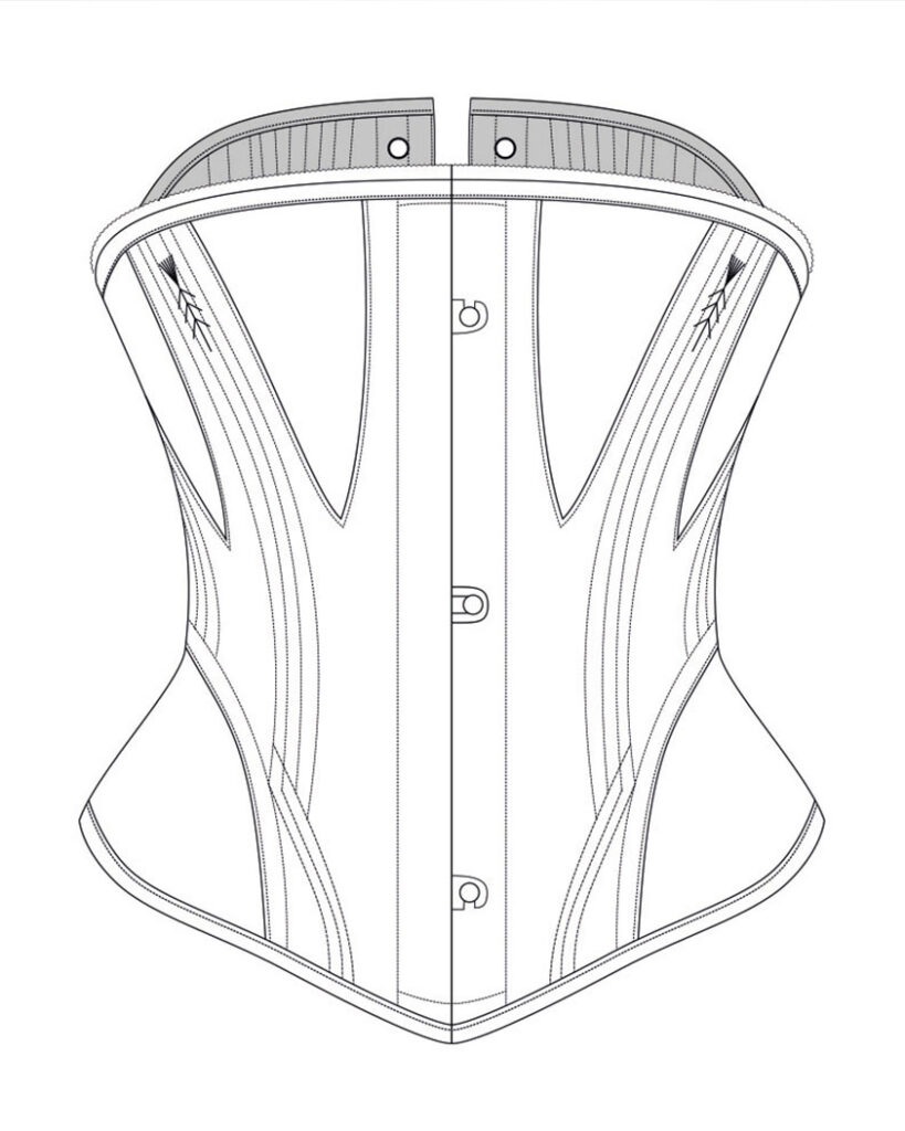 c. 1860s midbust corset. Technical illustration by Karolina Laskowska. The Underpinnings Museum