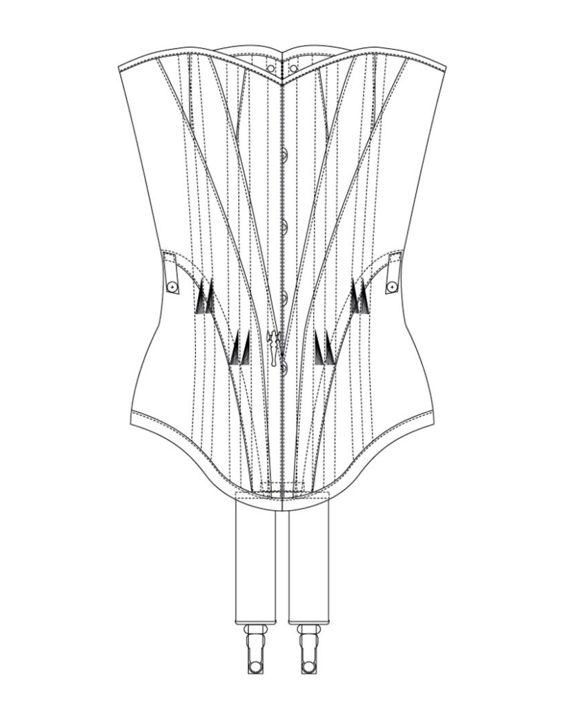 1900s Silk Midbust Corset. Technical Drawing by Karolina Laskowska. The Underpinnings Museum