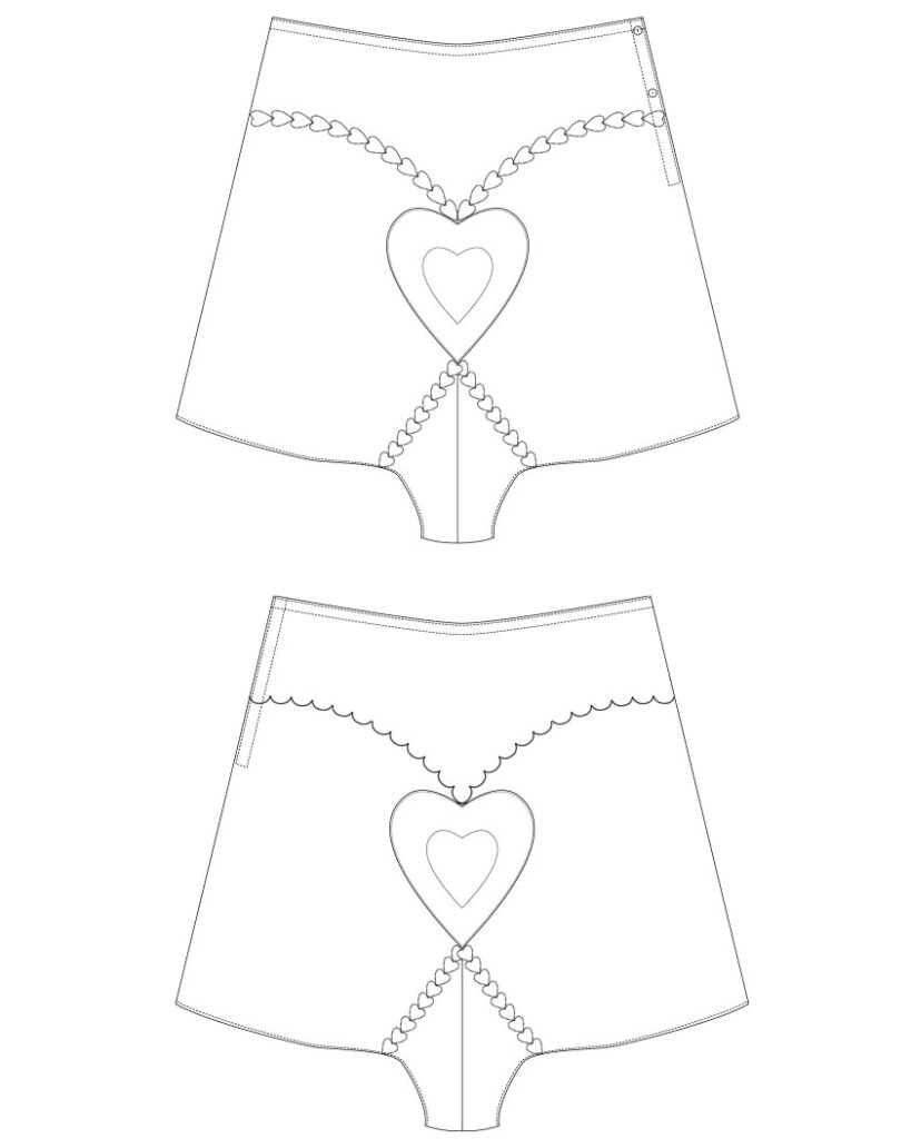 1930s Heart Embroidered Tap Pants. Technical illustration by Karolina Laskowska. The Underpinnings Museum