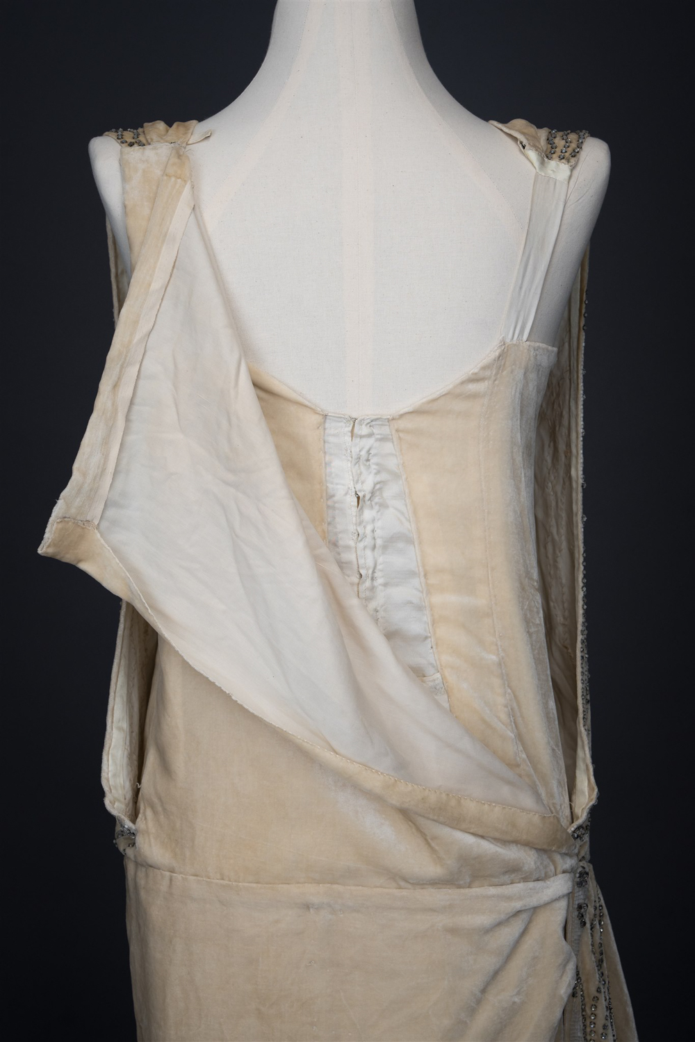 Ivory Velvet Beaded Evening Gown By House Of Worth, c, 1920, France. Photography by Tigz Rice. The Underpinnings Museum
