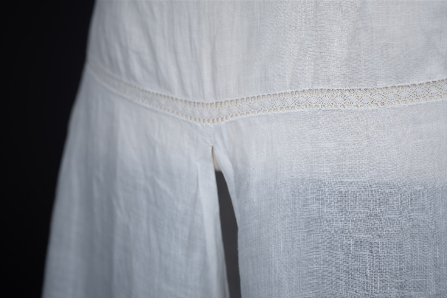 Hand Stitched Cotton Lawn Open Drawers With Valenciennes Lace & Pin Tucks, c. 1900s. Photography by Tigz Rice. The Underpinnings Museum.