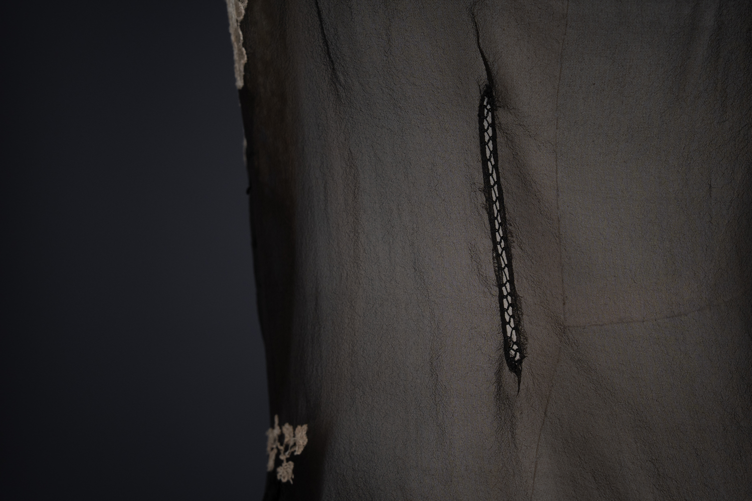 Black Silk Step In With Blonde Lace Appliqué By Chas A. Stevens & Bros, c. 1920s, USA. The Underpinnings Museum. Photography by Tigz Rice. Black Silk Step In With Blonde Lace Appliqué By Chas A. Stevens & Bros, c. 1920s, USA. The Underpinnings Museum. Photography by Tigz Rice.