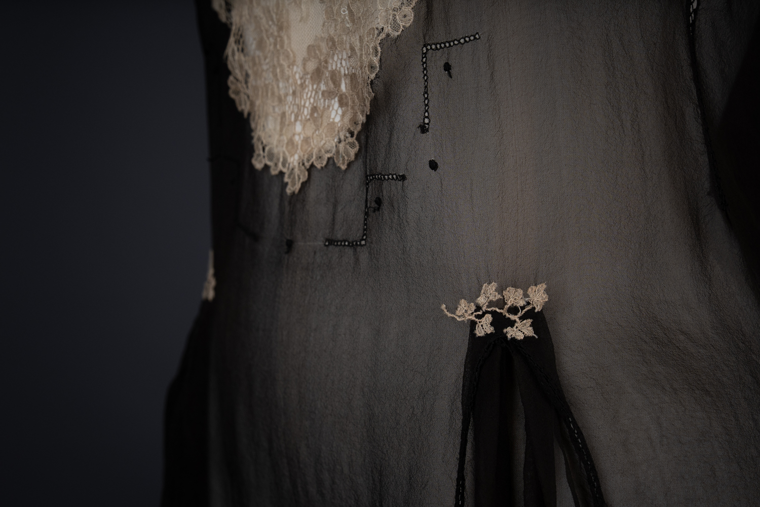 Black Silk Step In With Blonde Lace Appliqué By Chas A. Stevens & Bros, c. 1920s, USA. The Underpinnings Museum. Photography by Tigz Rice. Black Silk Step In With Blonde Lace Appliqué By Chas A. Stevens & Bros, c. 1920s, USA. The Underpinnings Museum. Photography by Tigz Rice.