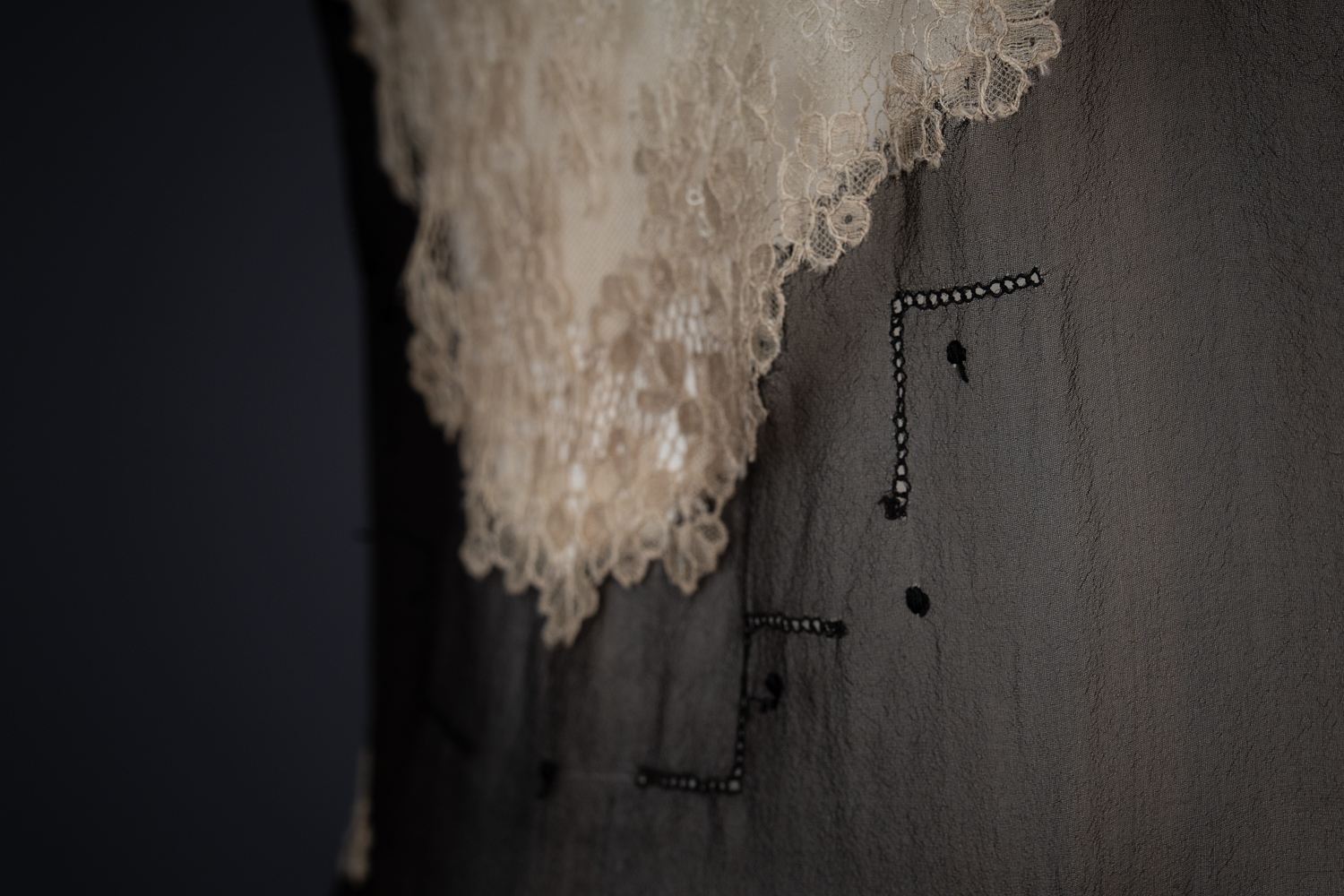 Black Silk Step In With Blonde Lace Appliqué By Chas A. Stevens & Bros, c. 1920s, USA. The Underpinnings Museum. Photography by Tigz Rice. Black Silk Step In With Blonde Lace Appliqué By Chas A. Stevens & Bros, c. 1920s, USA. The Underpinnings Museum. Photography by Tigz Rice.