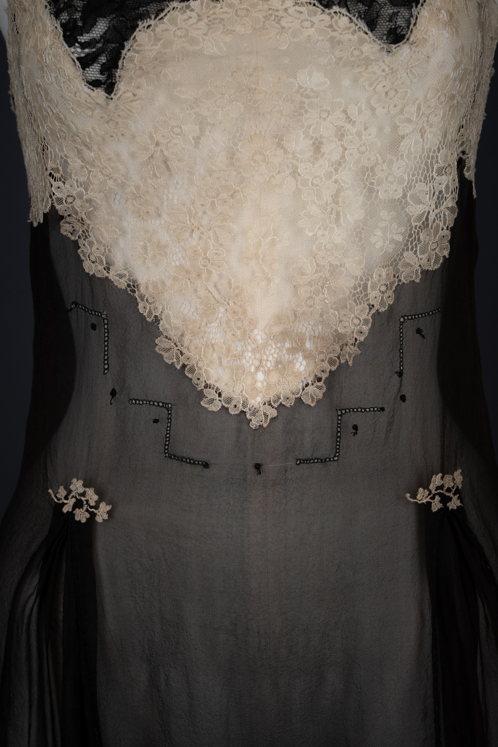 Black Silk Step In With Blonde Lace Appliqué By Chas A. Stevens & Bros, c. 1920s, USA. The Underpinnings Museum. Photography by Tigz Rice. Black Silk Step In With Blonde Lace Appliqué By Chas A. Stevens & Bros, c. 1920s, USA. The Underpinnings Museum. Photography by Tigz Rice.