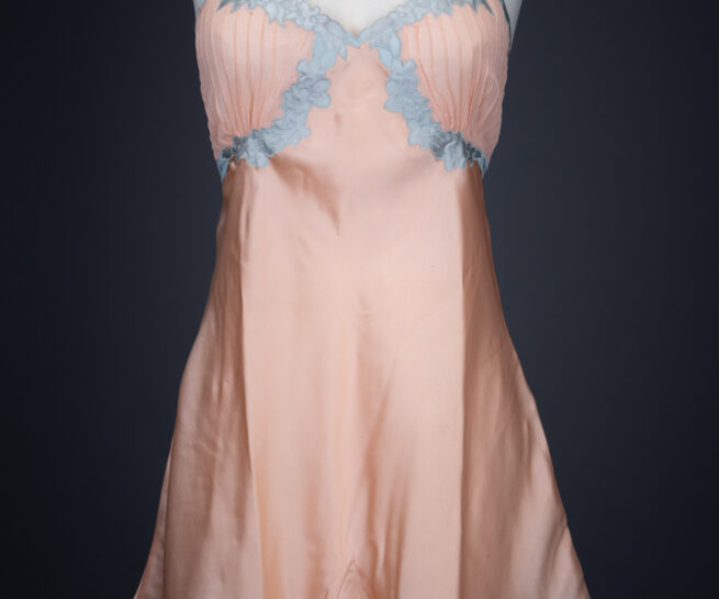 Peach Satin & Blue Silk Appliqué Teddy By Fenwick Ltd, c. 1930s, Great Britain. The Underpinnings Museum. Photography by Tigz Rice.