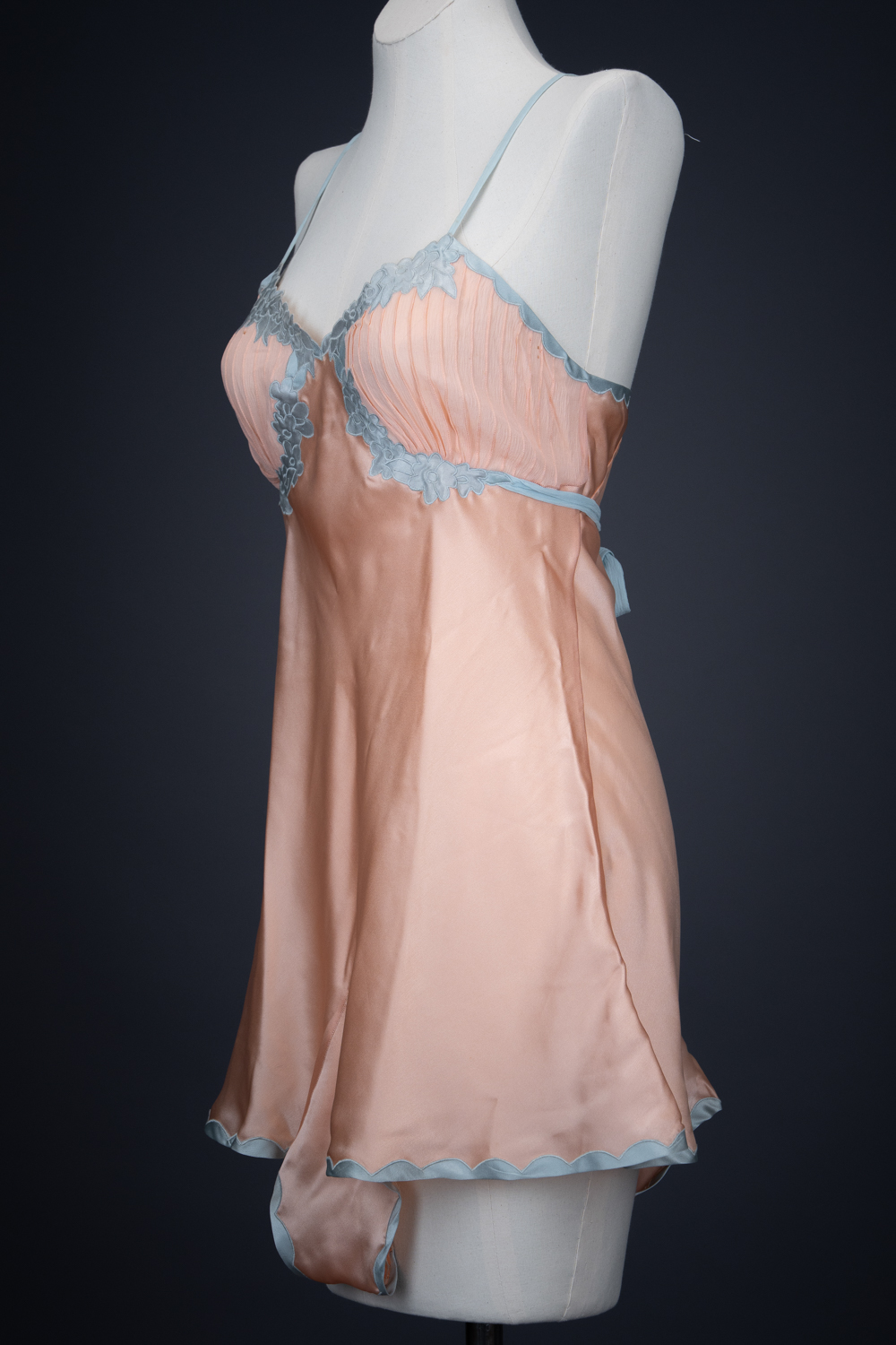 Peach Satin & Blue Silk Appliqué Teddy By Fenwick Ltd, c. 1930s, Great Britain. The Underpinnings Museum. Photography by Tigz Rice.