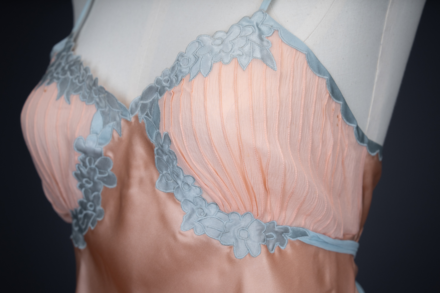 Peach Satin & Blue Silk Appliqué Teddy By Fenwick Ltd, c. 1930s, Great Britain. The Underpinnings Museum. Photography by Tigz Rice.
