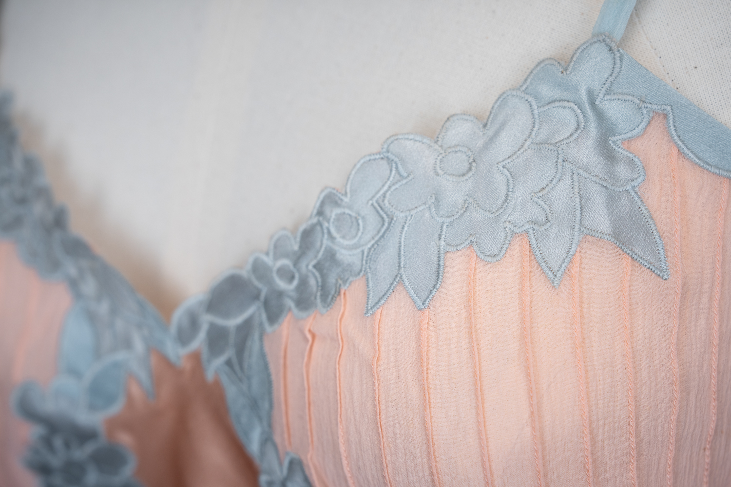 Peach Satin & Blue Silk Appliqué Teddy By Fenwick Ltd, c. 1930s, Great Britain. The Underpinnings Museum. Photography by Tigz Rice.