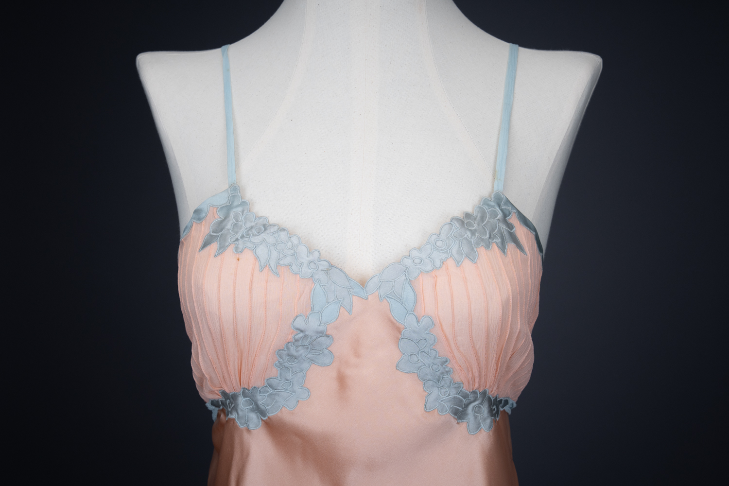 Peach Satin & Blue Silk Appliqué Teddy By Fenwick Ltd, c. 1930s, Great Britain. The Underpinnings Museum. Photography by Tigz Rice.