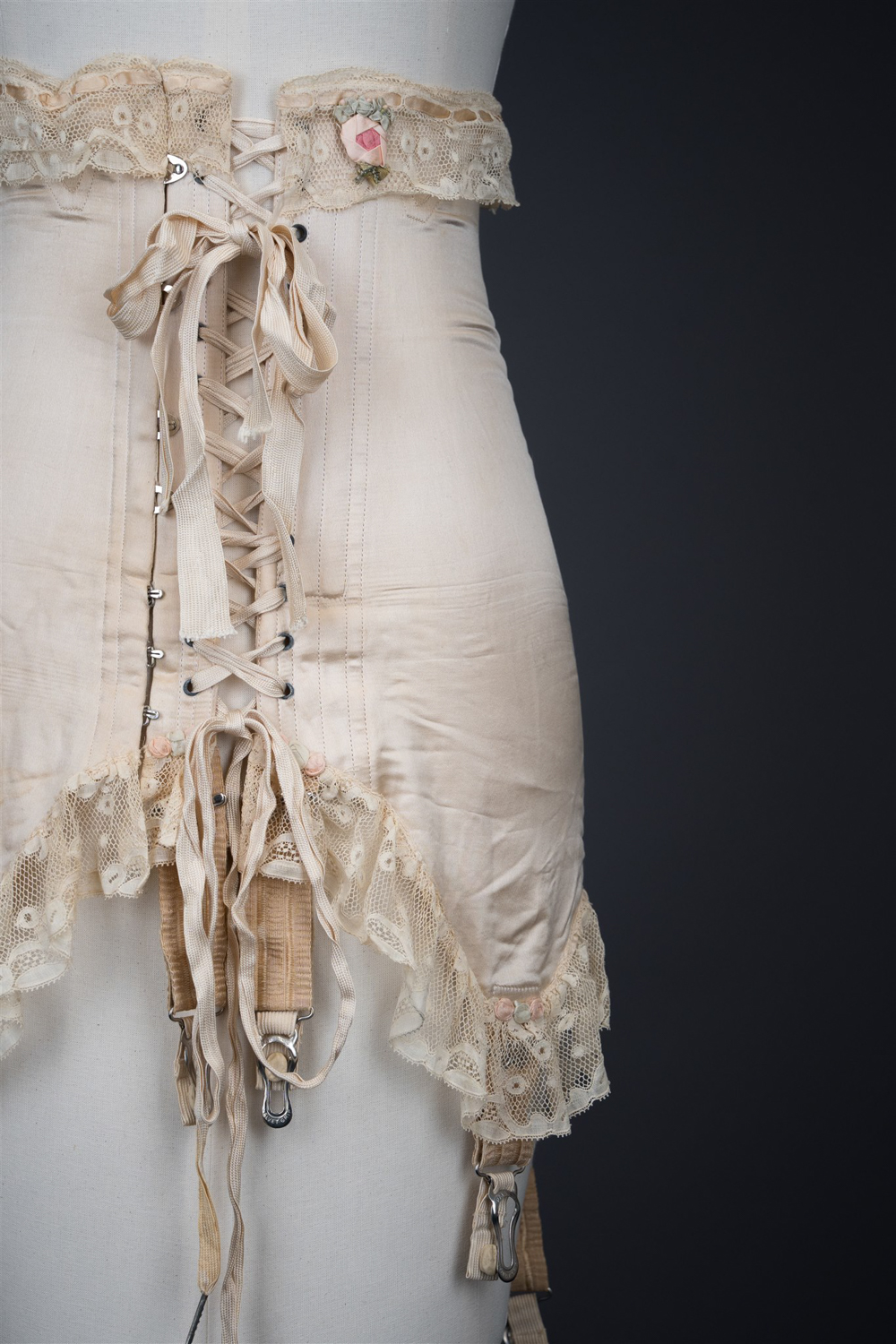 Silk Front-Lacing Corset With Lace Trim By Gossard, c. 1920s, USA. Photography by Tigz Rice. The Underpinnings Museum.