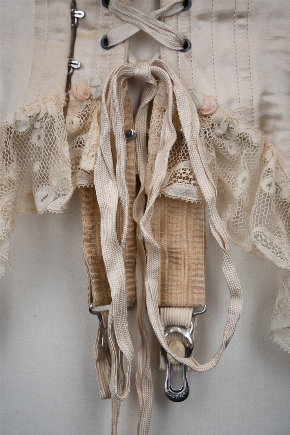 Silk Front-Lacing Corset With Lace Trim By Gossard, c. 1920s, USA. Photography by Tigz Rice. The Underpinnings Museum.