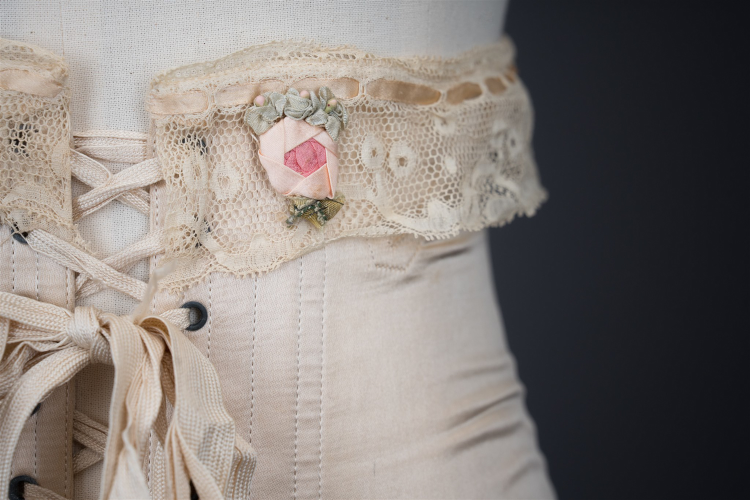 Silk Front-Lacing Corset With Lace Trim By Gossard, c. 1920s, USA. Photography by Tigz Rice. The Underpinnings Museum.