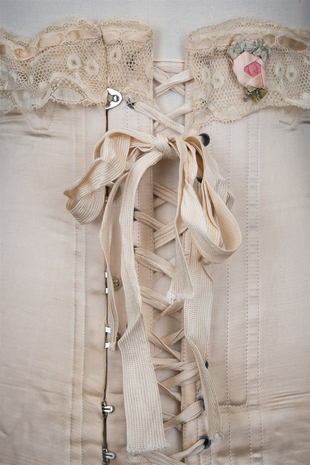 Silk Front-Lacing Corset With Lace Trim By Gossard, c. 1920s, USA. Photography by Tigz Rice. The Underpinnings Museum.
