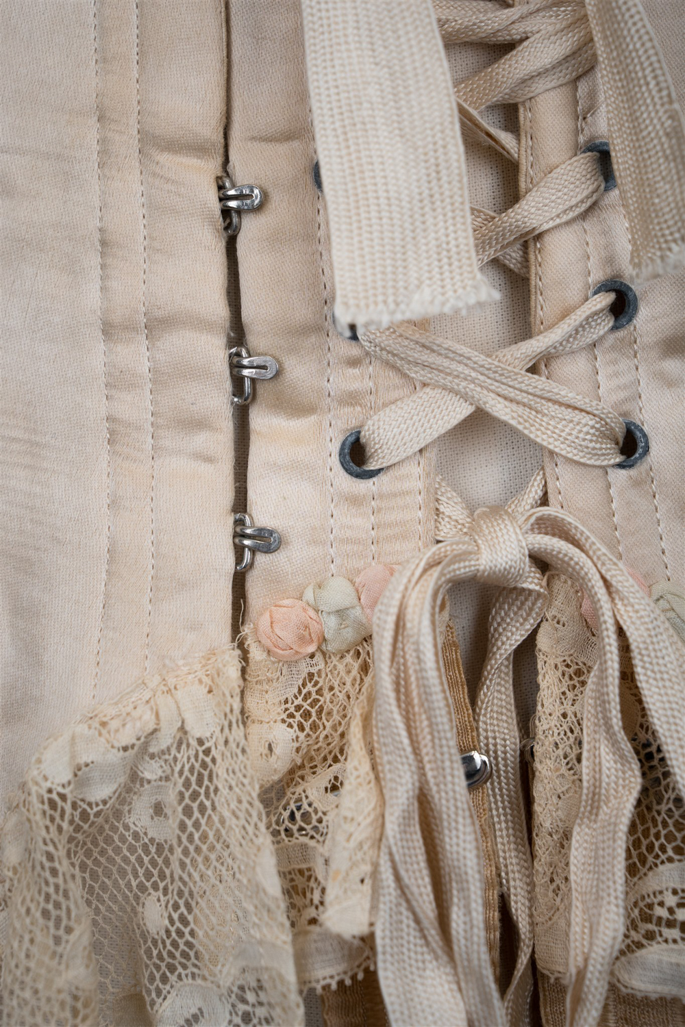 Silk Front-Lacing Corset With Lace Trim By Gossard, c. 1920s, USA. Photography by Tigz Rice. The Underpinnings Museum.
