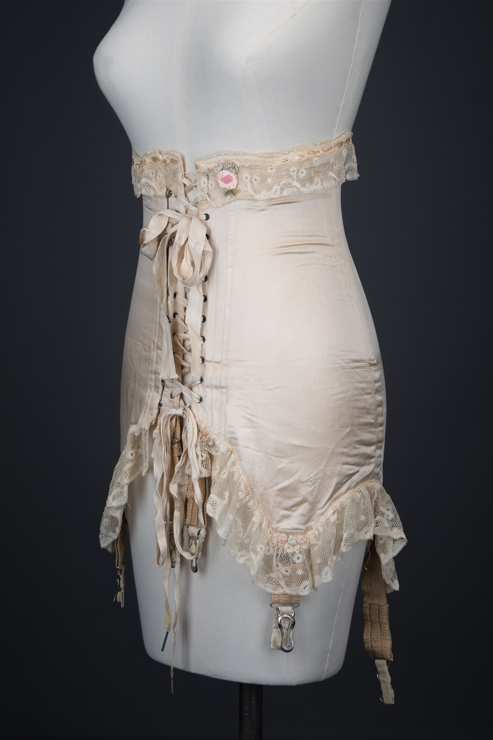 Silk Front-Lacing Corset With Lace Trim By Gossard, c. 1920s, USA. Photography by Tigz Rice. The Underpinnings Museum.