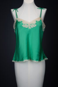 Green Silk Satin Camisole With Cream Lace Appliqué By Juel Park, c. 1960s, USA. The Underpinnings Museum. Photography by Tigz Rice.