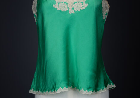 Green Silk Satin Camisole With Cream Lace Appliqué By Juel Park, c. 1960s, USA. The Underpinnings Museum. Photography by Tigz Rice.