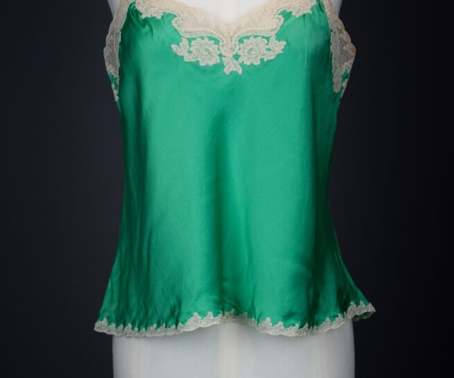 Green Silk Satin Camisole With Cream Lace Appliqué By Juel Park, c. 1960s, USA. The Underpinnings Museum. Photography by Tigz Rice.