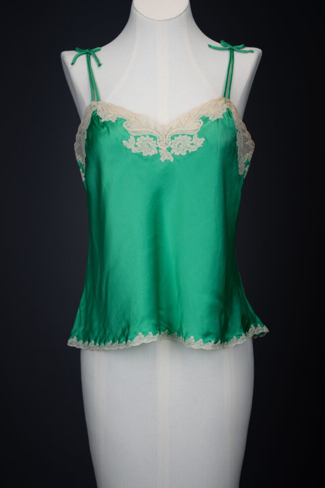 Green Silk Satin Camisole With Cream Lace Appliqué By Juel Park, c. 1960s, USA. The Underpinnings Museum. Photography by Tigz Rice.