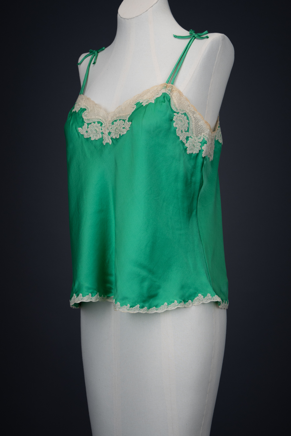 Green Silk Satin Camisole With Cream Lace Appliqué By Juel Park, c. 1960s, USA. The Underpinnings Museum. Photography by Tigz Rice.
