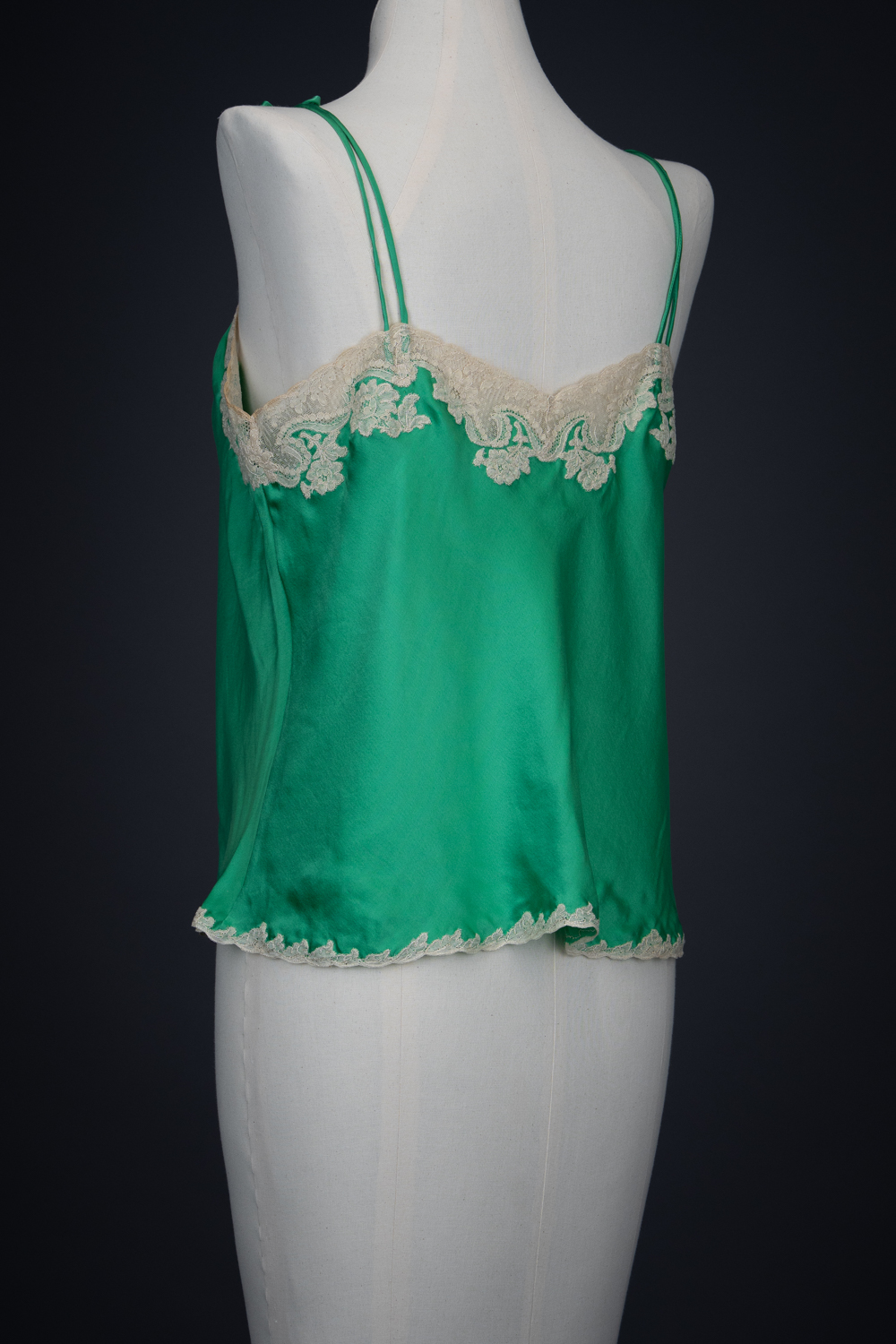 Green Silk Satin Camisole With Cream Lace Appliqué By Juel Park, c. 1960s, USA. The Underpinnings Museum. Photography by Tigz Rice.