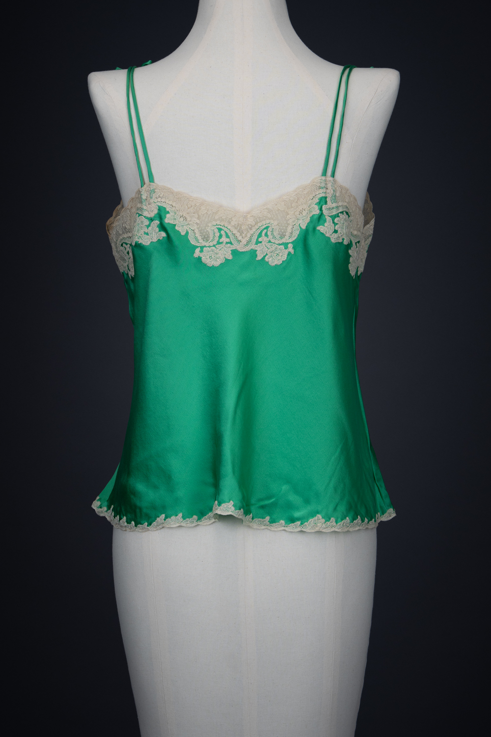 Green Silk Satin Camisole With Cream Lace Appliqué By Juel Park, c. 1960s, USA. The Underpinnings Museum. Photography by Tigz Rice.