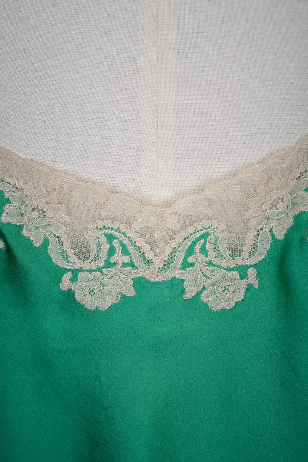 Green Silk Satin Camisole With Cream Lace Appliqué By Juel Park, c. 1960s, USA. The Underpinnings Museum. Photography by Tigz Rice.