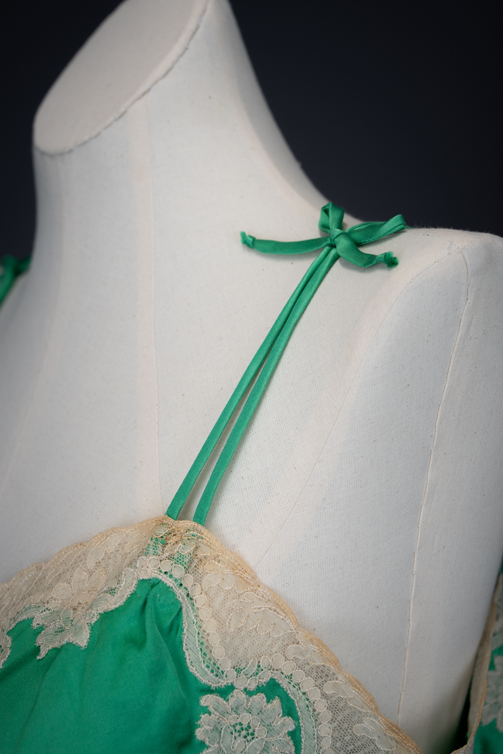 Green Silk Satin Camisole With Cream Lace Appliqué By Juel Park, c. 1960s, USA. The Underpinnings Museum. Photography by Tigz Rice.