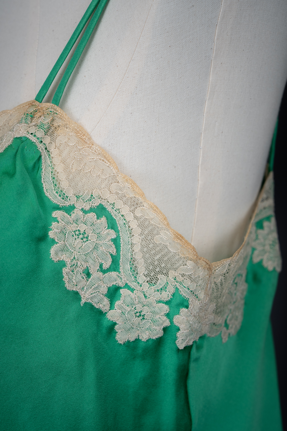 Green Silk Satin Camisole With Cream Lace Appliqué By Juel Park, c. 1960s, USA. The Underpinnings Museum. Photography by Tigz Rice.