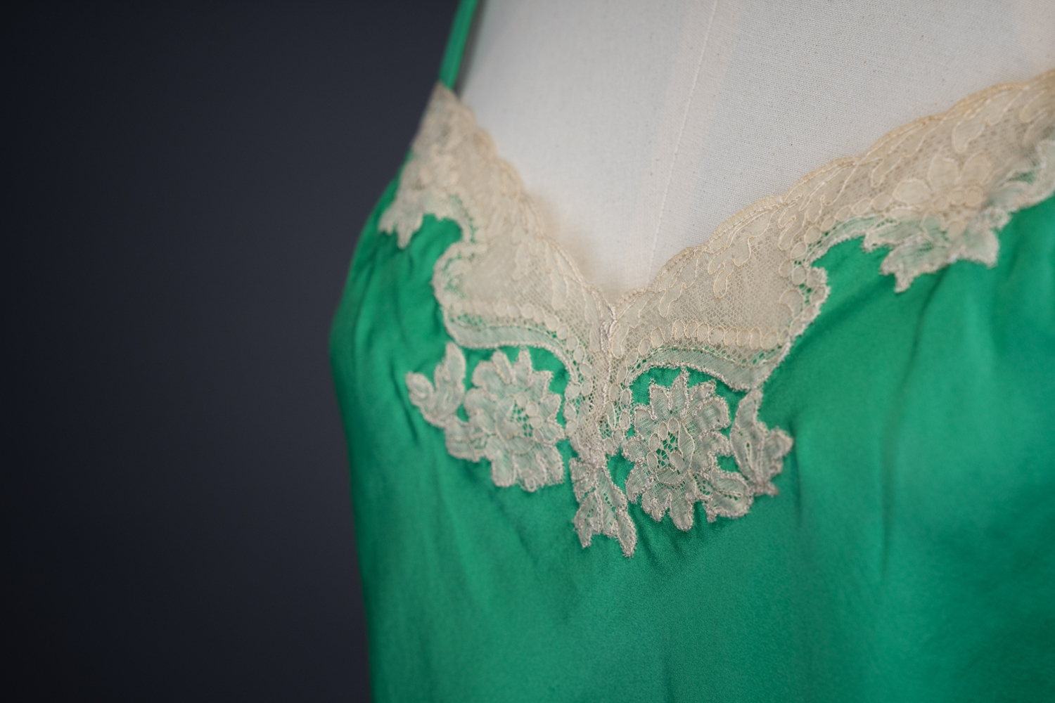 Green Silk Satin Camisole With Cream Lace Appliqué By Juel Park, c. 1960s, USA. The Underpinnings Museum. Photography by Tigz Rice.
