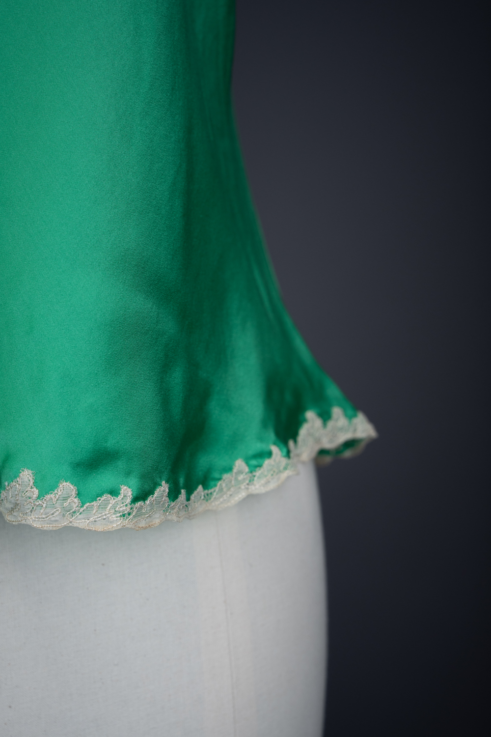 Green Silk Satin Camisole With Cream Lace Appliqué By Juel Park, c. 1960s, USA. The Underpinnings Museum. Photography by Tigz Rice.