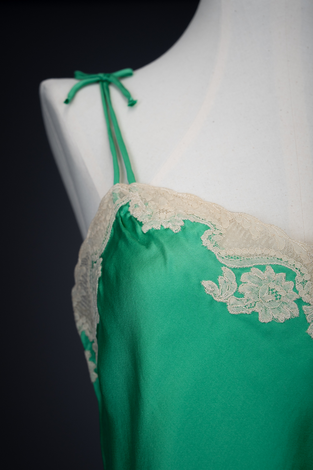 Green Silk Satin Camisole With Cream Lace Appliqué By Juel Park, c. 1960s, USA. The Underpinnings Museum. Photography by Tigz Rice.