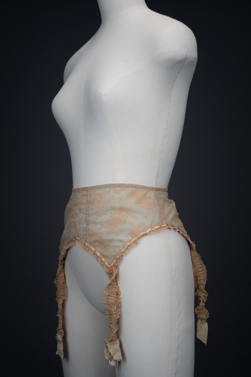Beige Lace & Eau De Nil Nylon Suspender Belt By Marie Rose Lebigot