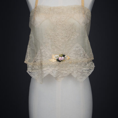 Embroidered Cotton Organdie Corset Cover With Machine Lace Trim & Silk Ribbonwork By Boué Soeurs, c. 1920s, France. The Underpinnings Museum. Photography by Tigz Rice.