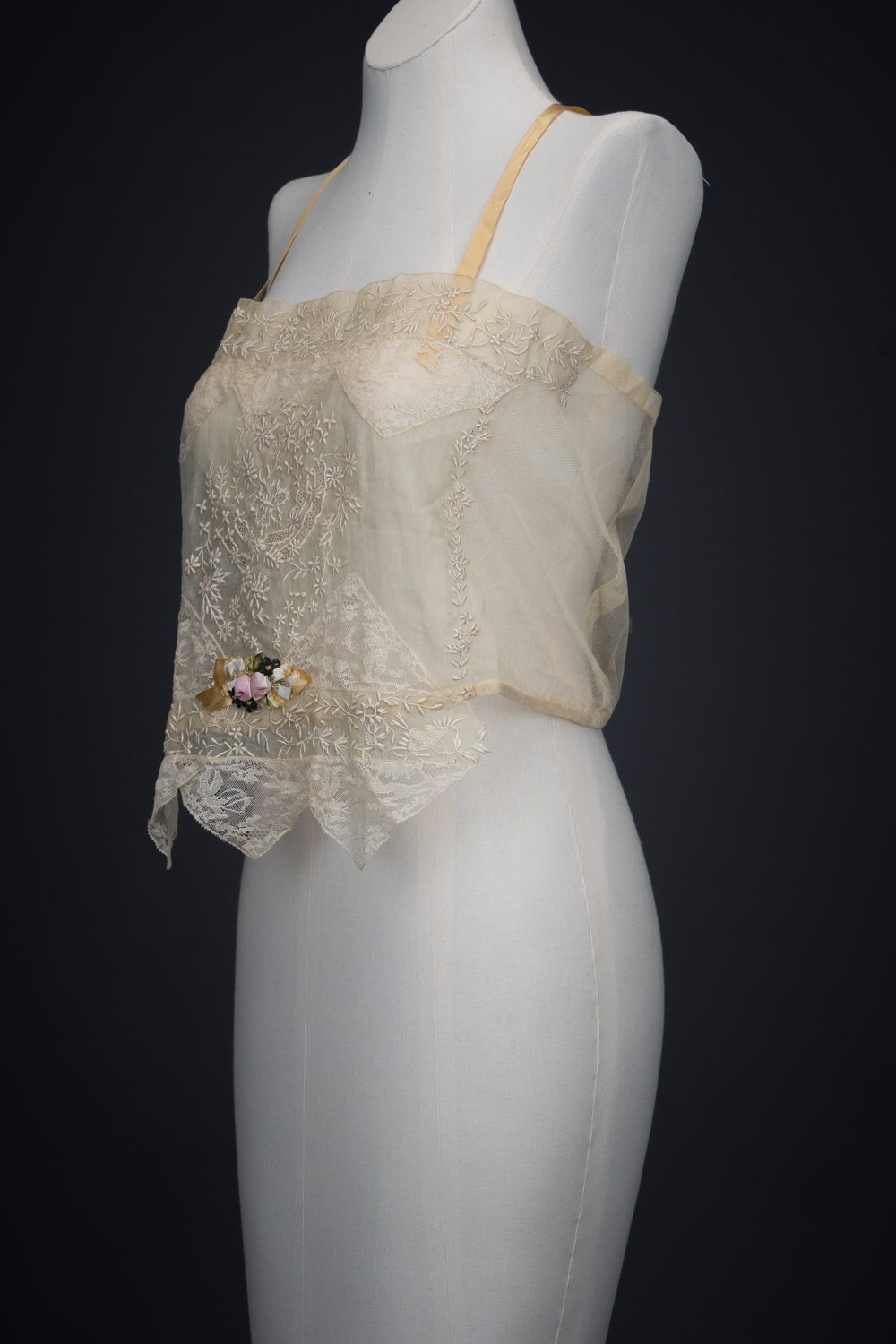 Embroidered Cotton Organdie Corset Cover With Machine Lace Trim & Silk Ribbonwork By Boué Soeurs, c. 1920s, France. The Underpinnings Museum. Photography by Tigz Rice.