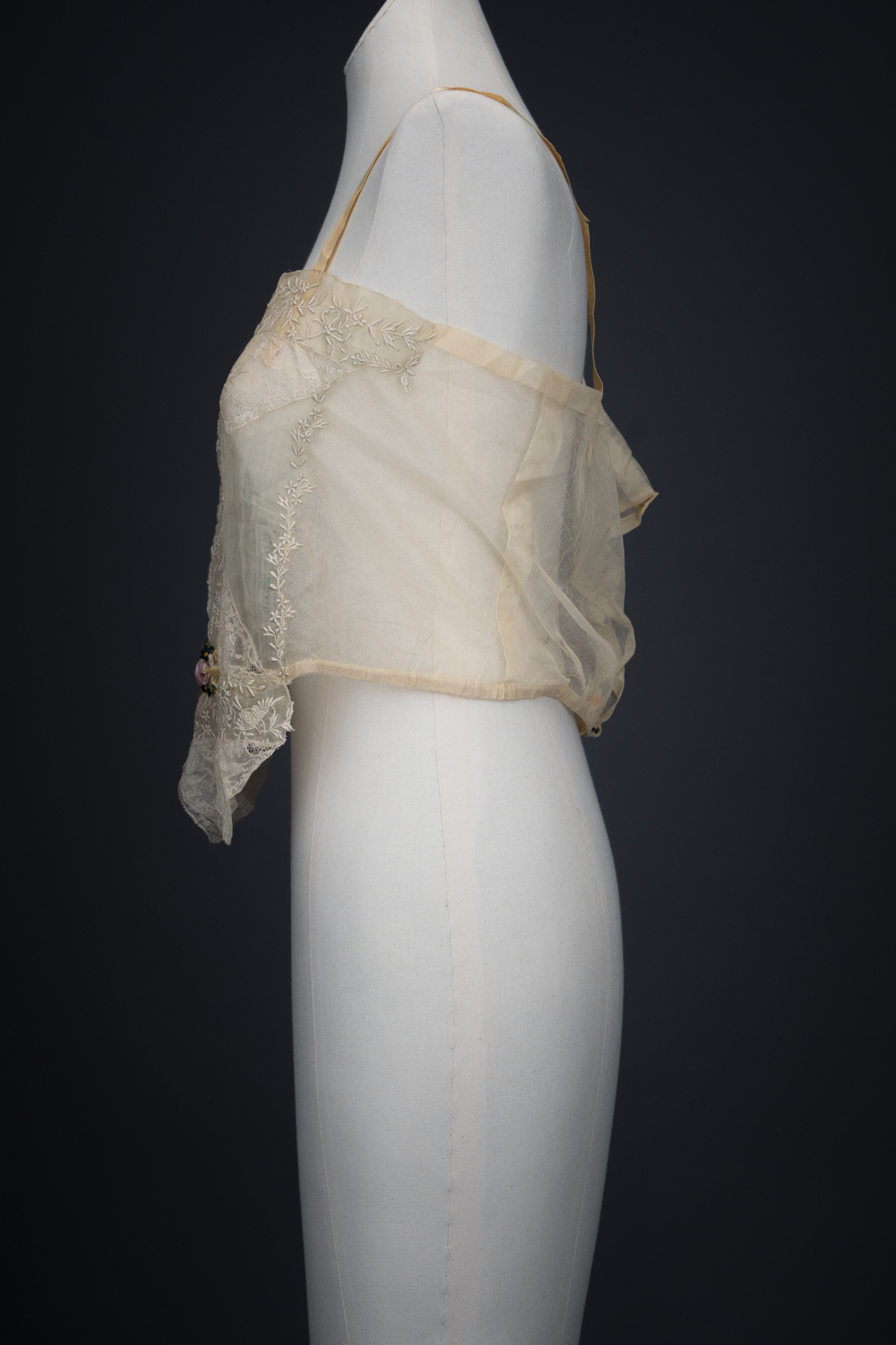 Embroidered Cotton Organdie Corset Cover With Machine Lace Trim & Silk Ribbonwork By Boué Soeurs, c. 1920s, France. The Underpinnings Museum. Photography by Tigz Rice.
