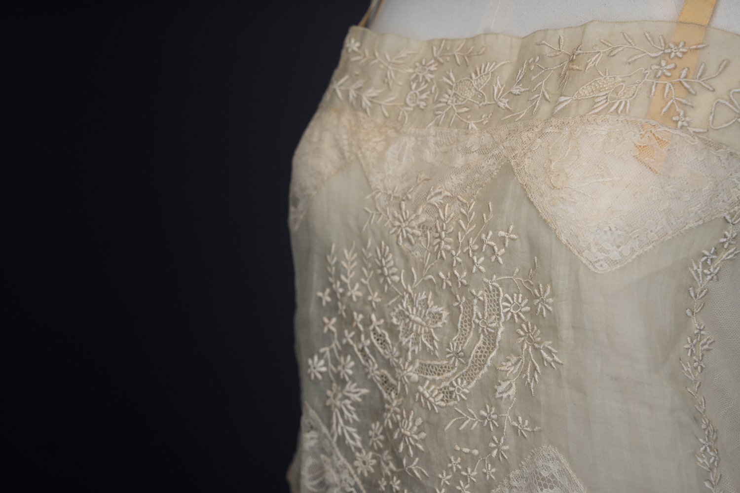 Embroidered Cotton Organdie Corset Cover With Machine Lace Trim & Silk Ribbonwork By Boué Soeurs, c. 1920s, France. The Underpinnings Museum. Photography by Tigz Rice.
