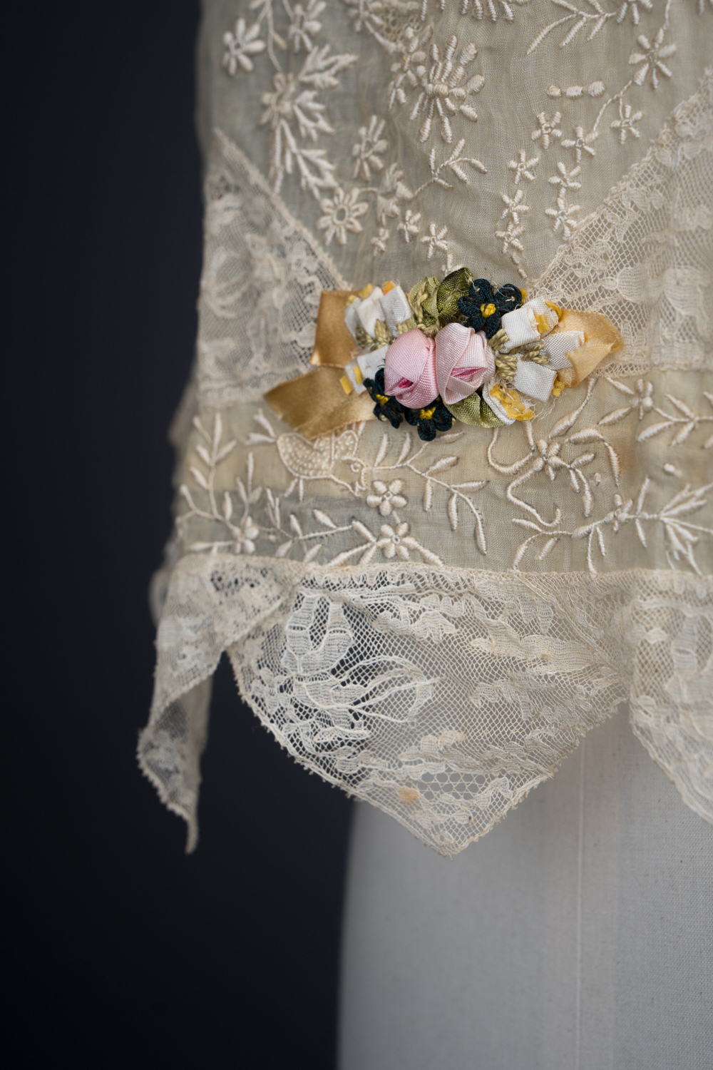 Embroidered Cotton Organdie Corset Cover With Machine Lace Trim & Silk Ribbonwork By Boué Soeurs, c. 1920s, France. The Underpinnings Museum. Photography by Tigz Rice.