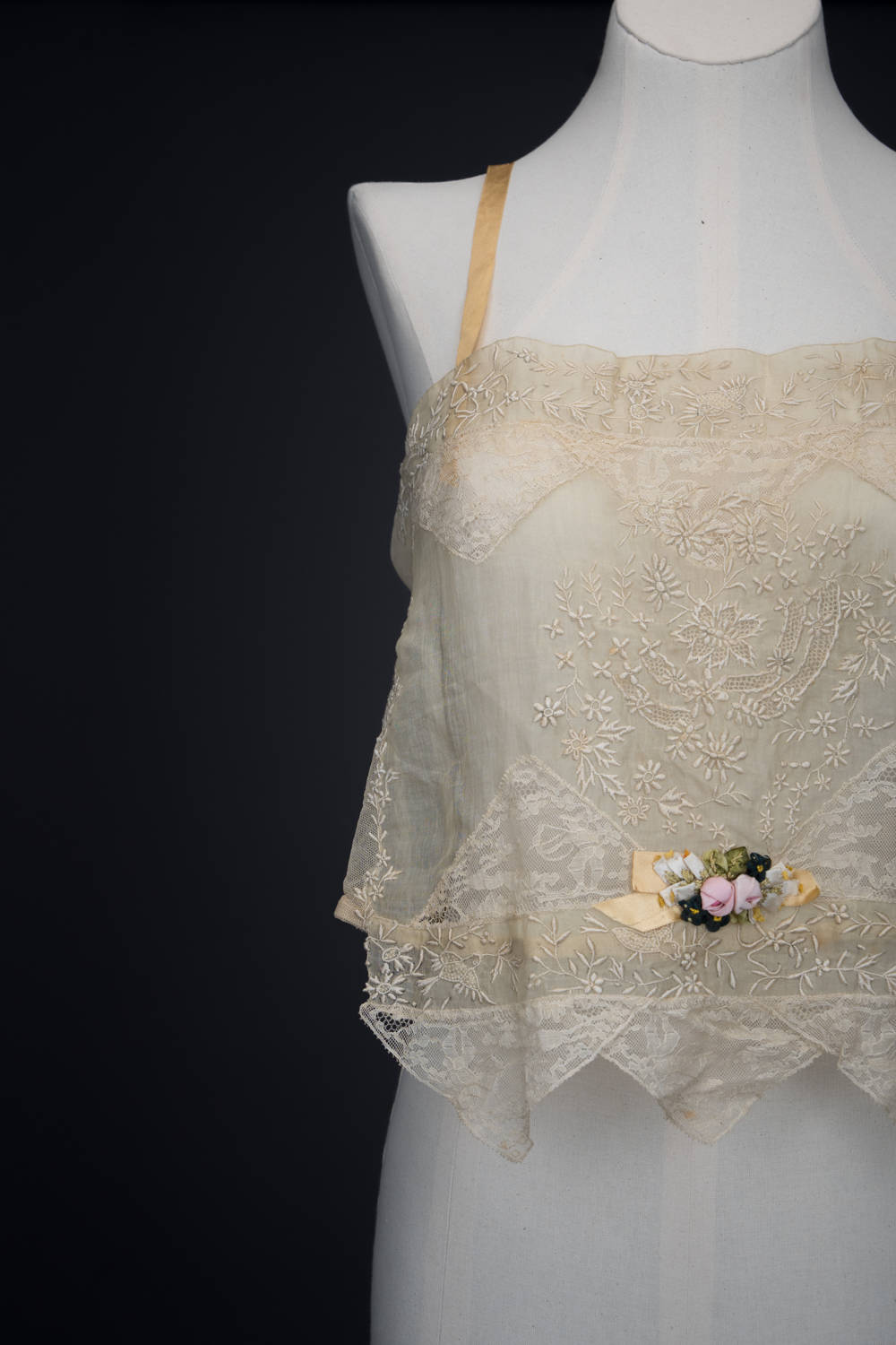 Embroidered Cotton Organdie Corset Cover With Machine Lace Trim & Silk Ribbonwork By Boué Soeurs, c. 1920s, France. The Underpinnings Museum. Photography by Tigz Rice.