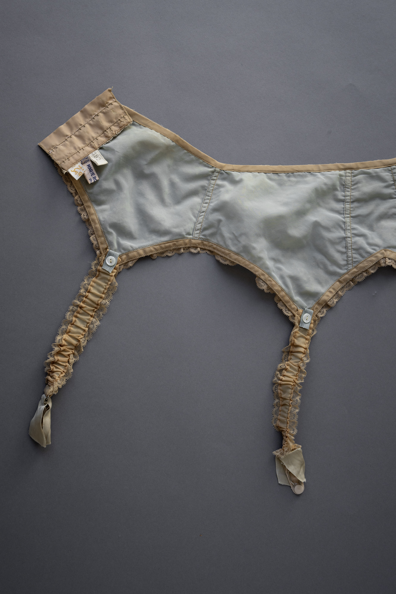Beige Lace & Eau De Nil Nylon Suspender Belt By Marie Rose Lebigot Beige Lace & Eau De Nil Nylon Suspender Belt By Marie Rose Lebigot