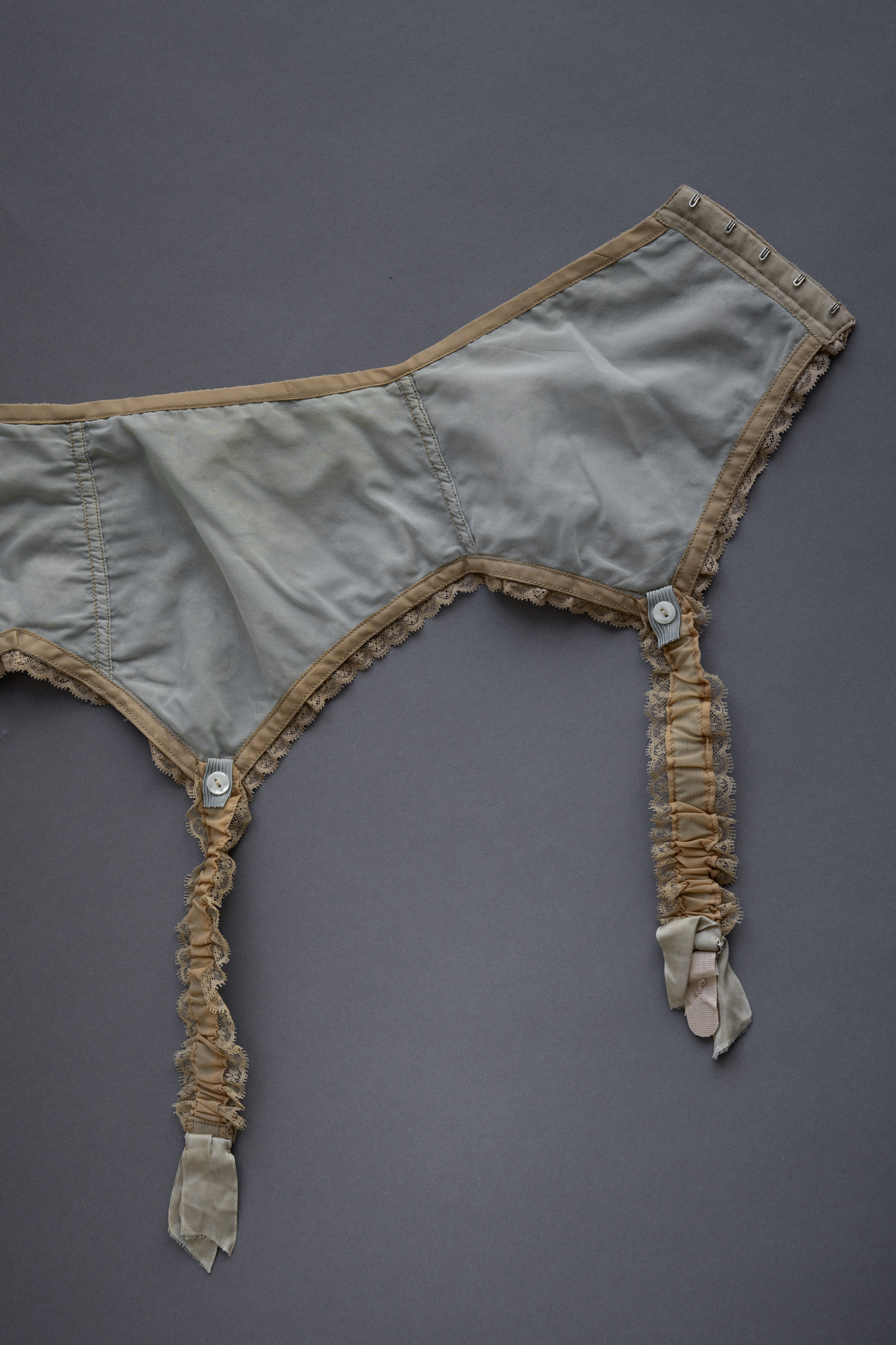 Beige Lace & Eau De Nil Nylon Suspender Belt By Marie Rose Lebigot Beige Lace & Eau De Nil Nylon Suspender Belt By Marie Rose Lebigot
